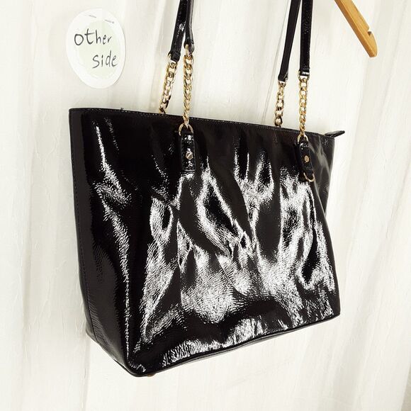 MICHAEL KORS Patent Leather + Chain Tote Bag, Shoulder Purse Handbag,shiny black - Picture 4 of 16